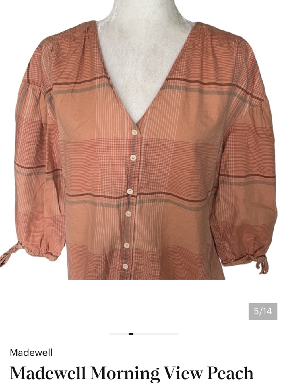 Madewell Peach Plaid Button-Front Blouse size small good - Picture 4 of 4